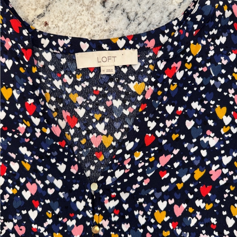LOFT Navy Heart Print Babydoll Dress Medium Long Sleeve Flowy Mini - Picture 4 of 11
